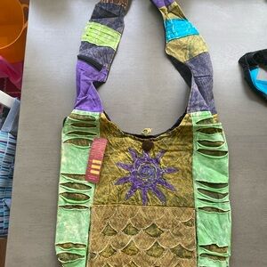 Patchwork Sun Motif Shoulder Bag in Green & Purple